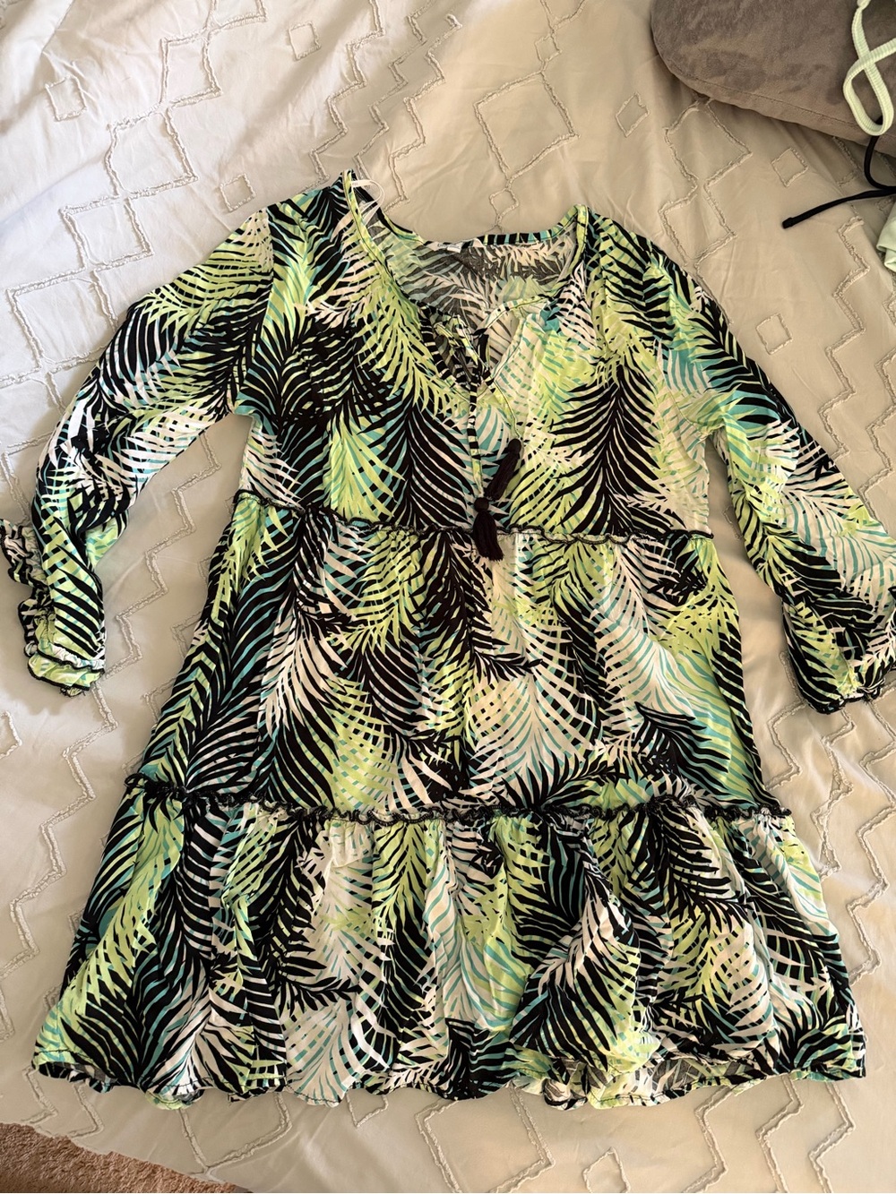 blue island Tropical Palm Print Tiered Dress in Black, Lime & Aqua